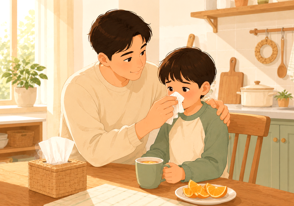 광명 비염 – 주방 식탁에서 아빠가 아이의 코를 휴지로 닦아 주는 모습
