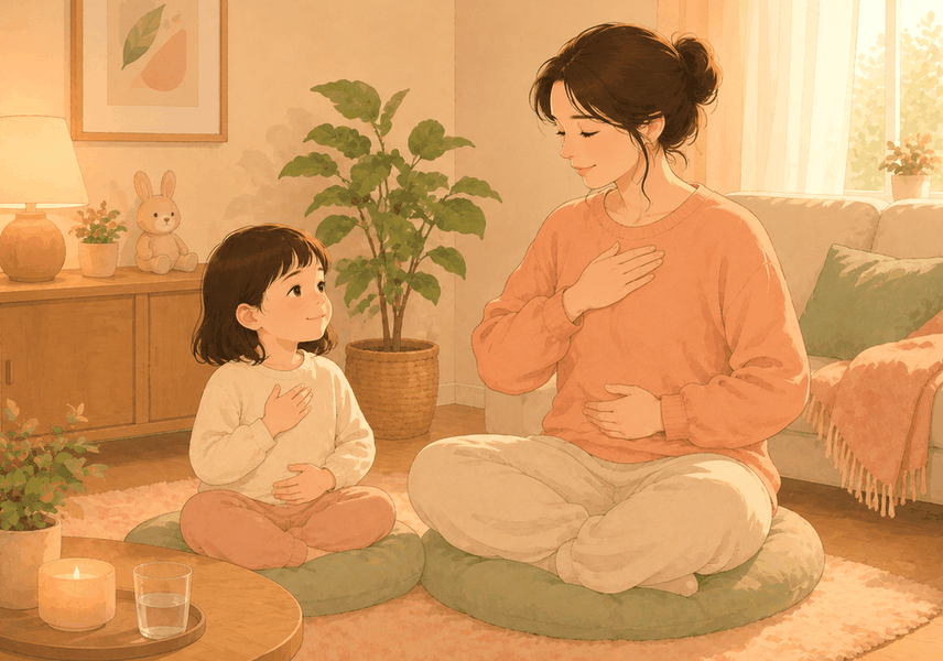 광명 코골이비염 — 엄마와 아이가 함께 복식호흡을 연습하는 장면