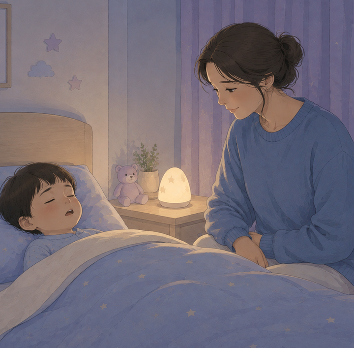 밤 침실에서 입을 벌리고 잠든 아이 곁에 파란 상의의 엄마가 앉아 지켜보는 장면