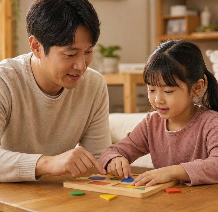 광명 틱장애 – 거실에서 아빠와 아이가 나무 도형 퍼즐 놀이