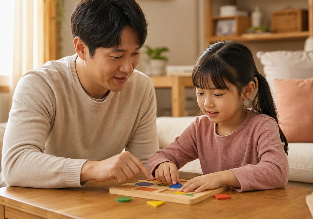 광명 틱장애 — 눈을 자주 깜빡이는 아이를 나무라지 않고 편안하게 바라보는 모습