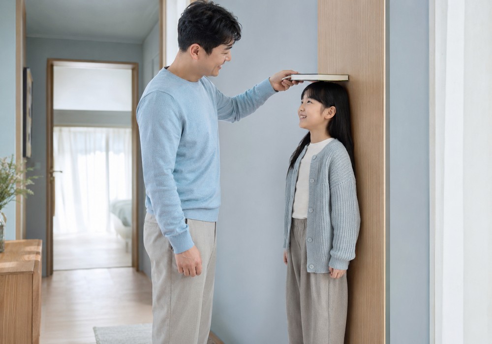광명 성조숙증 – 벽에 기대 선 딸의 키를 책으로 재주는 아빠