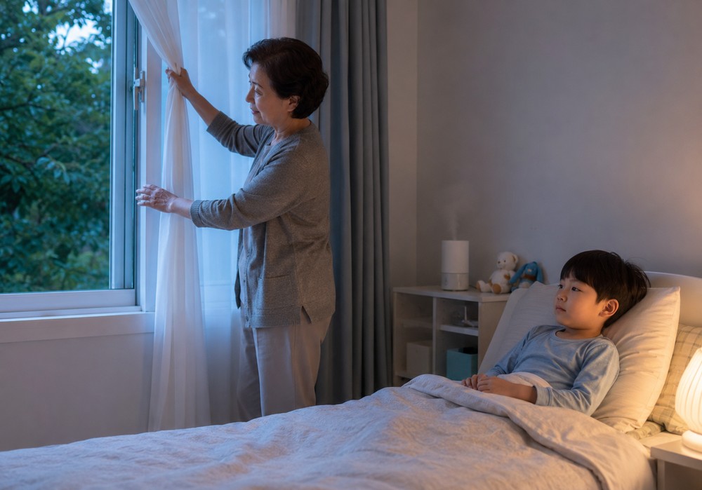 회색 가디건을 입은 할머니가 창가 커튼을 젖히고 침대에 누운 남아가 바라보는 저녁 방 모습