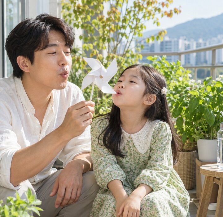 광명 기관지약한아이 – 햇살 든 발코니에서 아빠와 딸이 바람개비를 함께 부는 장면