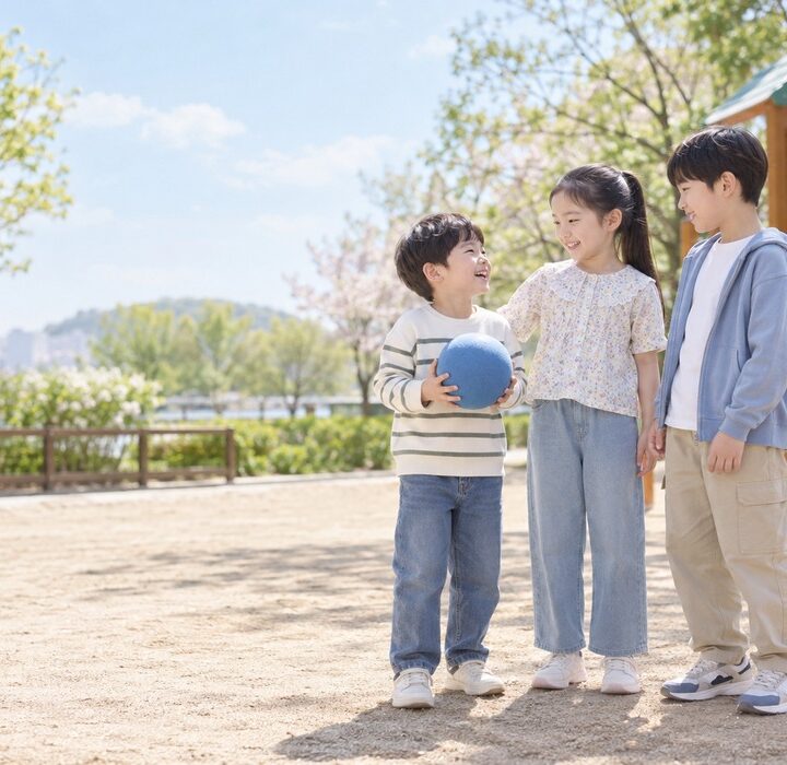 광명 또래보다 작은 아이 – 봄날 놀이터에서 또래 아이들이 공을 들고 함께 어울려 서 있고 보호자가 뒤에서 지켜보는