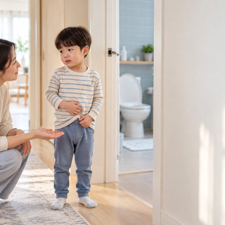 광명 변보기 무서워하는 아이 – 화장실 앞에서 배에 손을 댄 남자아이에게 엄마가 눈높이를 맞추고 손을 내미는 모습