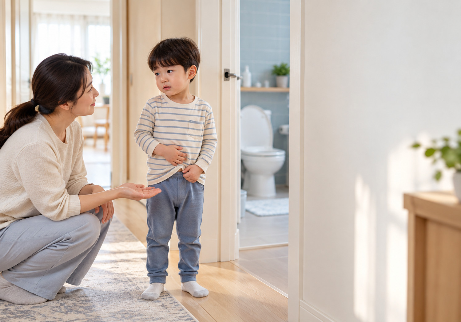 광명 변보기 무서워하는 아이 – 화장실 앞에서 배에 손을 댄 남자아이에게 엄마가 눈높이를 맞추고 손을 내미는 모습