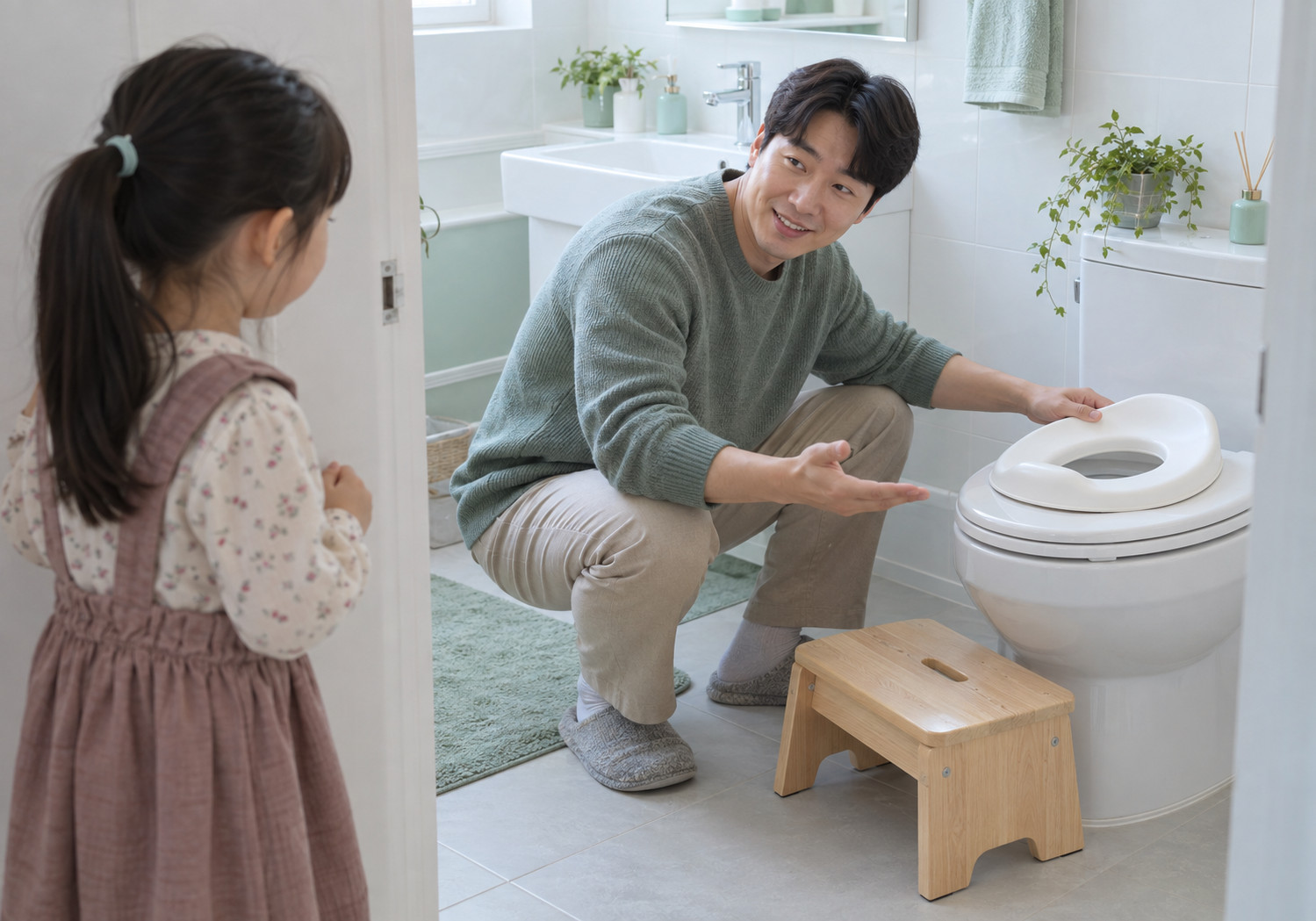 광명 변보기 무서워하는 아이 – 아빠가 여자아이에게 유아용 변기 시트와 발받침이 놓인 화장실을 보여 주는 모습