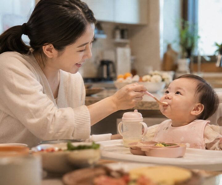 이유식 그릇 앞에서 숟가락을 든 아기와 지켜보는 부모