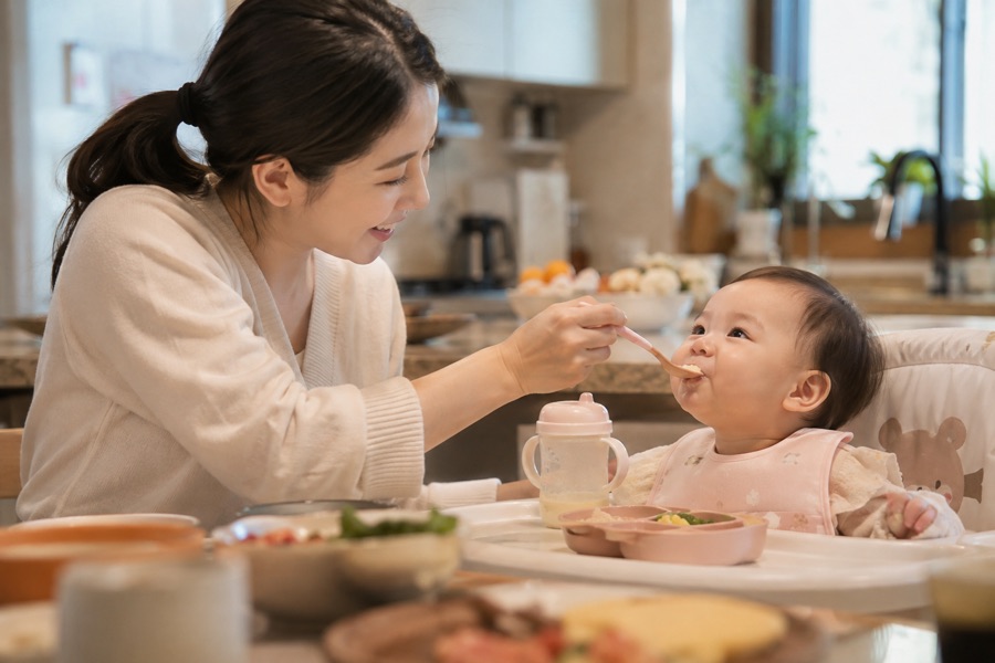 이유식 그릇 앞에서 숟가락을 든 아기와 지켜보는 부모