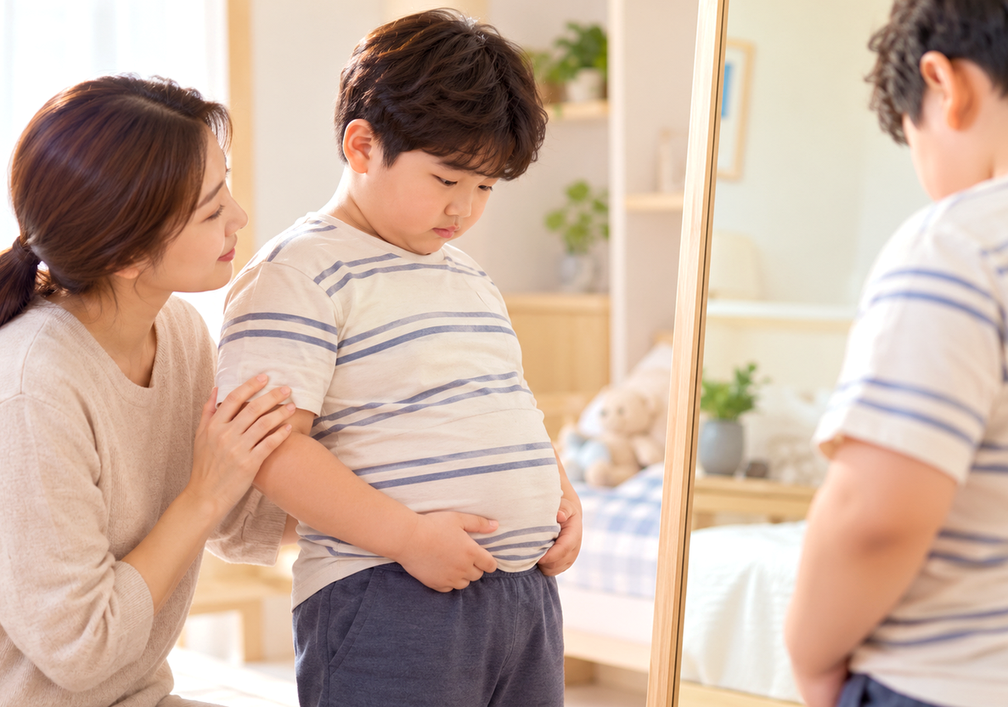 아이의 배 둘레를 함께 살펴보는 엄마와 아이