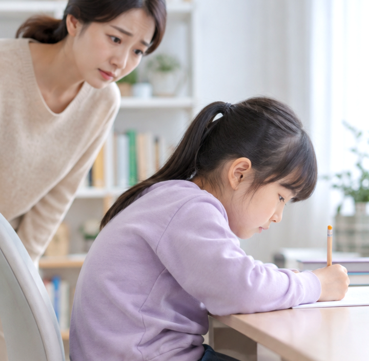 광명성장기자세 – 책상에 앉아 구부정한 자세로 공부하는 성장기 아이