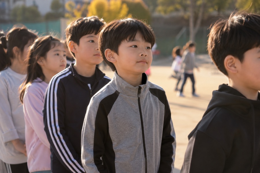 광명 아이 운동, 운동장에서 순서를 기다리며 줄 서 있는 아이
