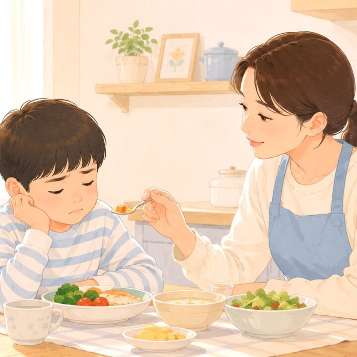 구리남양주 소아 식욕부진 – 식탁에서 밥을 권하는 엄마와 입맛 없어하는 아이