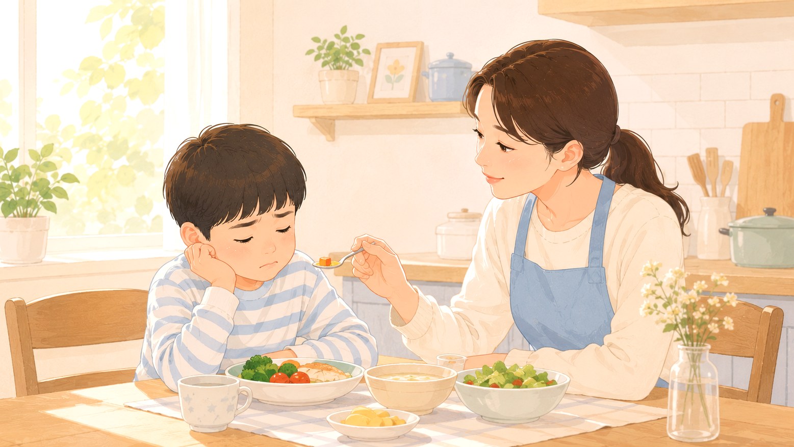 구리남양주 식욕부진 – 식탁에서 밥을 권하는 엄마와 입맛 없어하는 아이