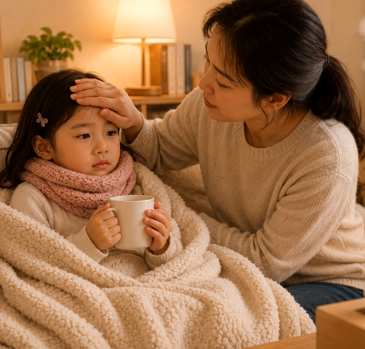 담요를 덮고 소파에 기대앉아 따뜻한 컵을 감싸 쥔 아이와 이마를 짚어 주는 엄마