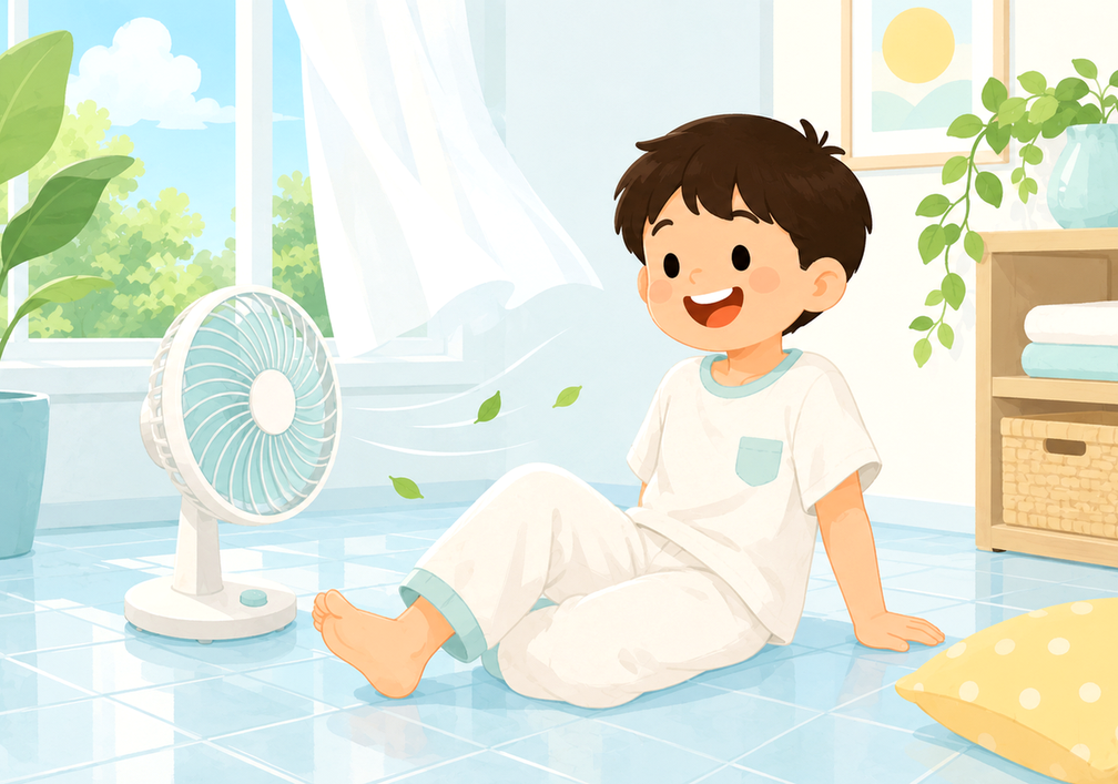 구리남양주 두드러기 – 아이가 선풍기 앞에 앉아 바람을 쐬는 모습