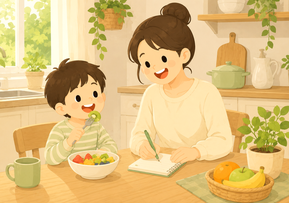 구리남양주 두드러기 – 아이가 과일을 먹고 엄마가 노트에 기록하는 모습