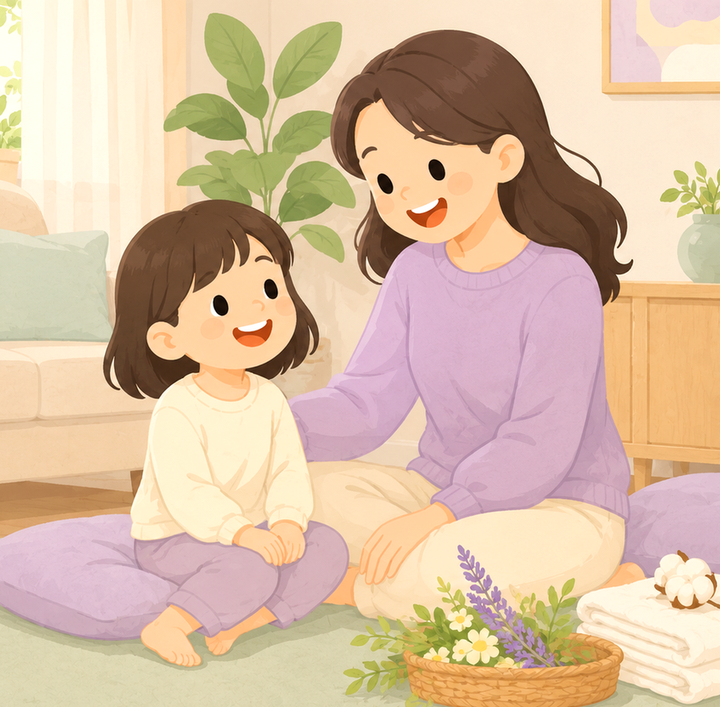구리남양주 두드러기 – 엄마와 아이가 라벤더 바구니 옆에 마주 앉아 있는 모습