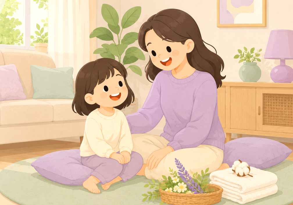 구리남양주 두드러기 – 엄마와 아이가 라벤더 바구니 옆에 마주 앉아 있는 모습