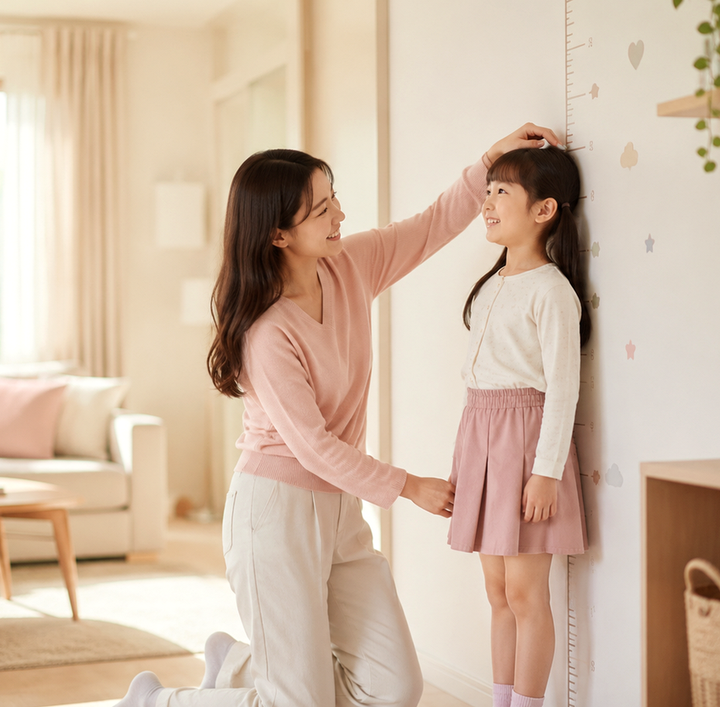 구리남양주 성조숙증 – 엄마가 무릎 꿇고 벽 키재기 눈금에 아이의 키를 재 주는 모습