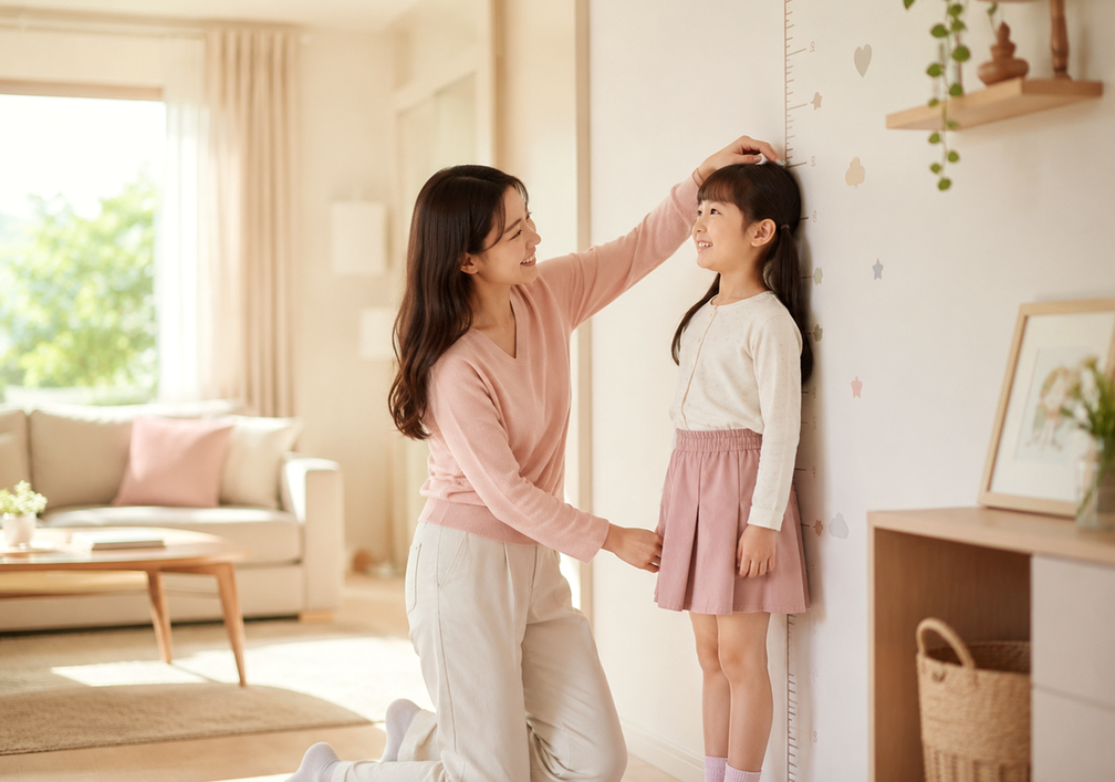 구리남양주 여아성조숙증 — 성장기 딸아이의 키를 벽에 표시하며 살피는 부모의 손