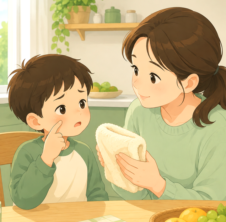 구리남양주 축농증 – 주방 식탁에서 아이가 뺨을 가리키고 엄마가 따뜻한 수건을 든 모습