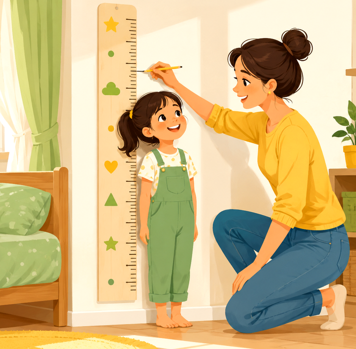 구리남양주 소아 성장 – 키재기 자로 아이 키를 재는 엄마