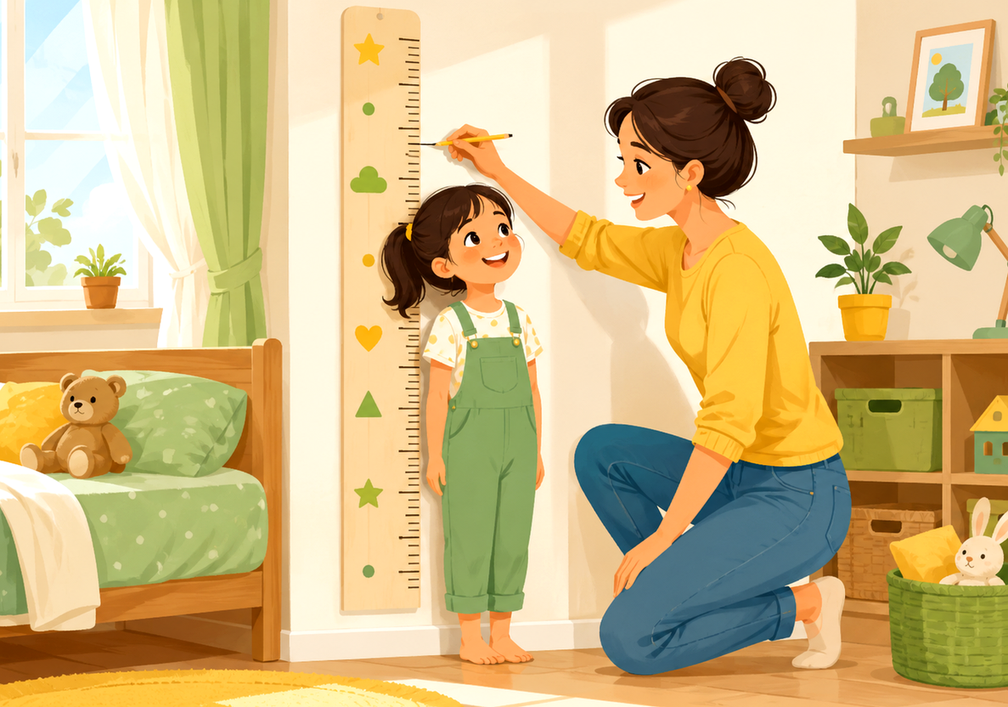 구리남양주 소아 성장 – 키재기 자로 아이 키를 재는 엄마