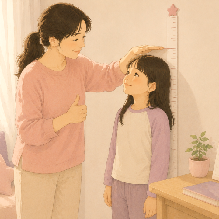 구리 아이누리한의원 초경 후 키 칼럼, 벽 성장자에 손을 얹어 딸의 키를 재는 엄마
