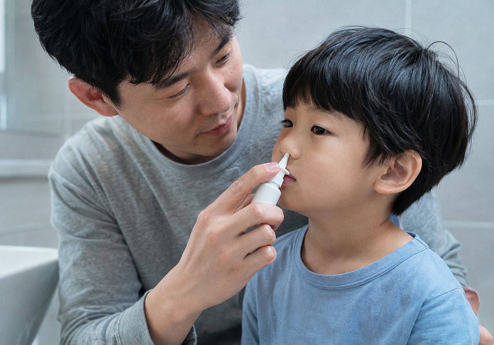 욕실에서 아이 코에 세척 스프레이를 사용해 주는 아빠