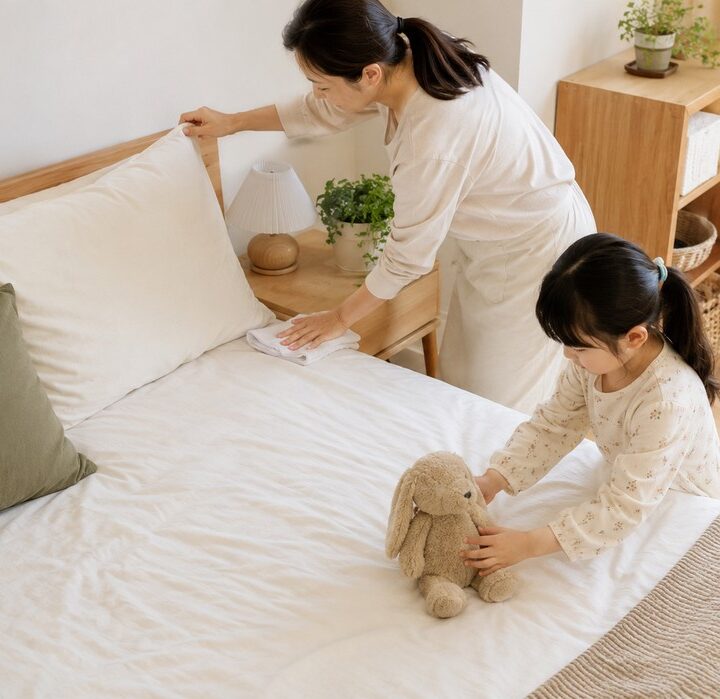 구리 비염, 밝은 침실에서 참대를 정리하는 엄마와 여자아이