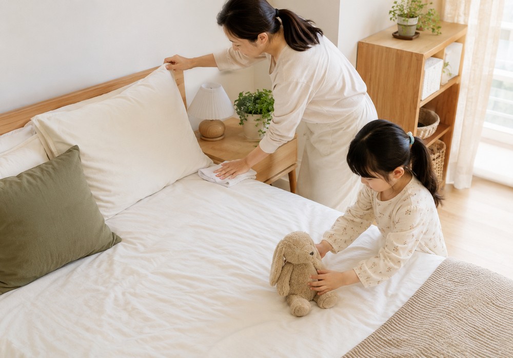 구리 비염 — 밝은 침실에서 창문을 열어 환기하는 엄마와 아이