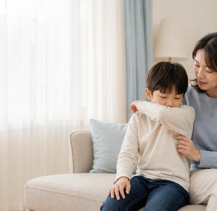 밝은 거실 소파에서 베이지색 니트를 입은 남자아이가 팔로 입을 가리고 기침하고, 회색 니트 차림 엄마가 곁에서 등을 감싸주는 모습