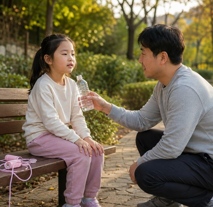 구리 아이 쌕쌕거림 – 가을 공원 벤치에서 아이에게 물병을 건네는 아빠