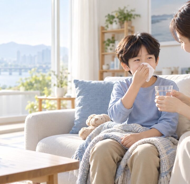 구리 알레르기비염 – 파란 상의 남자아이가 소파에서 휴지로 코를 풀고 엄마가 물컵을 건네는 모습