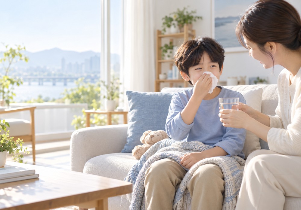 구리 알레르기비염체질 — 재채기와 코막힘이 반복되는 아이의 코 상태를 살피는 모습