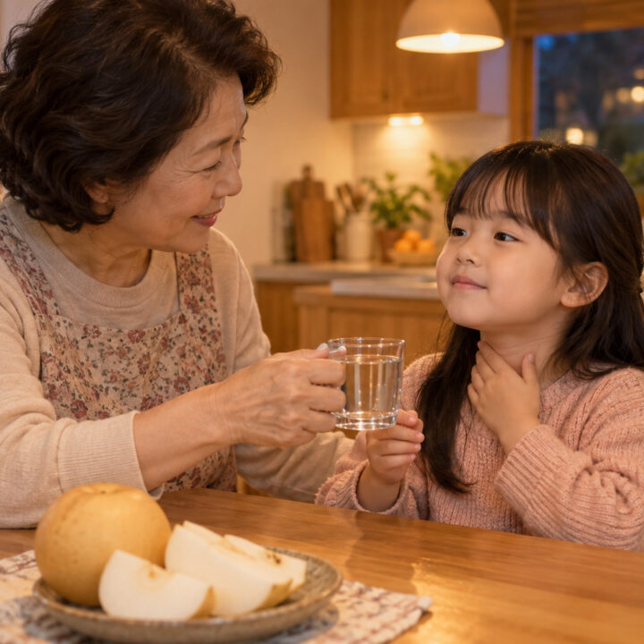 구리 후비루 목 이물감 – 여자아이가 한 손을 목에 대고 있고 할머니가 아이에게 물이 담긴 유리컵을 건네는 모습