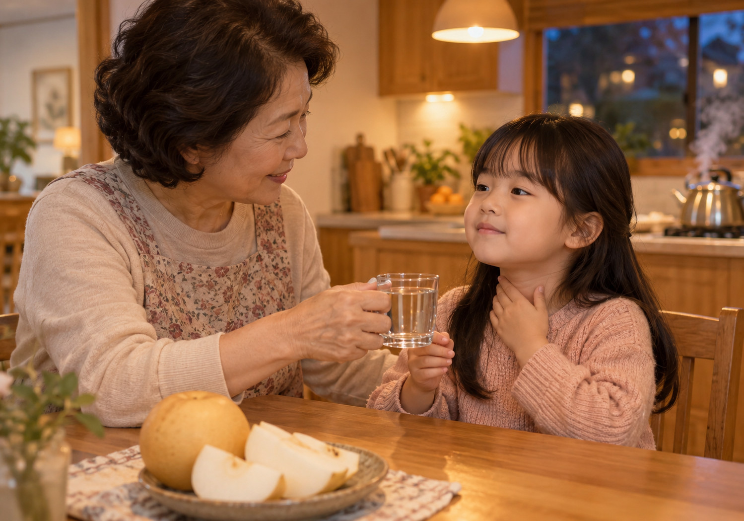 구리 후비루 목 이물감 – 여자아이가 한 손을 목에 대고 있고 할머니가 아이에게 물이 담긴 유리컵을 건네는 모습