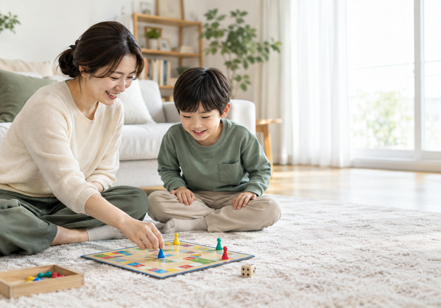 구리 충동적인 아이 – 엄마와 남자아이가 바닥에 앉아 보드게임을 하는 장면