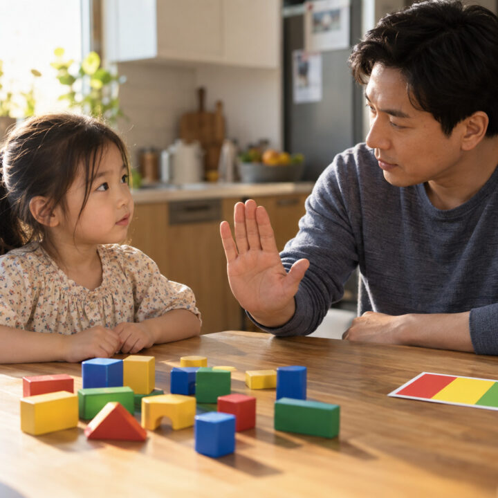 구리 충동적인 아이 – 아빠가 블록 놀이를 하는 여자아이에게 손바닥을 보이며 이야기하는 장면