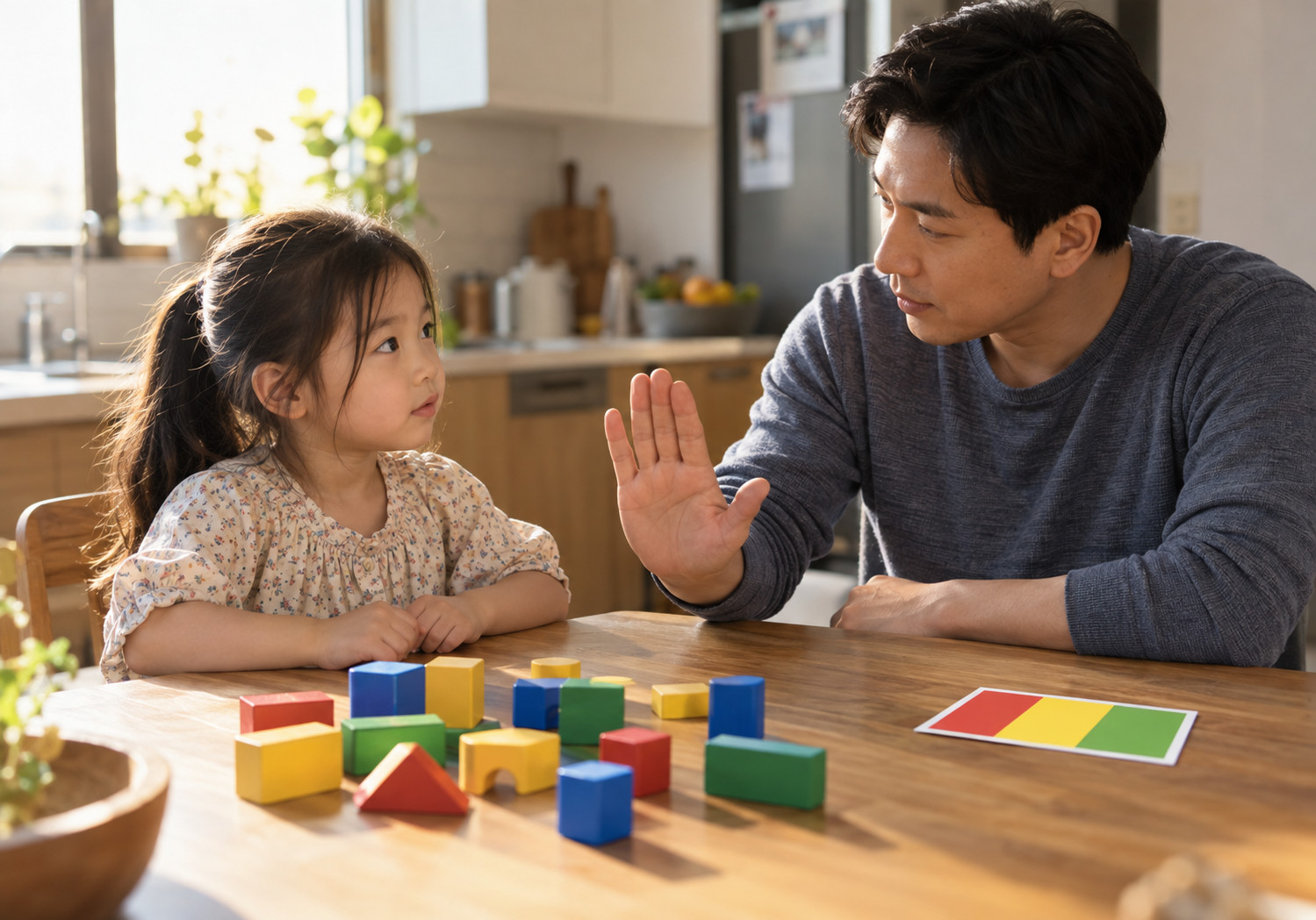 구리 충동적인 아이 – 아빠가 블록 놀이를 하는 여자아이에게 손바닥을 보이며 이야기하는 장면