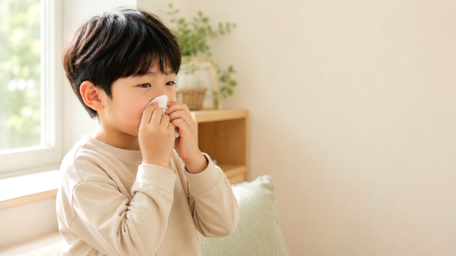 동탄 소아 비염 – 창가에서 코를 푸는 아이