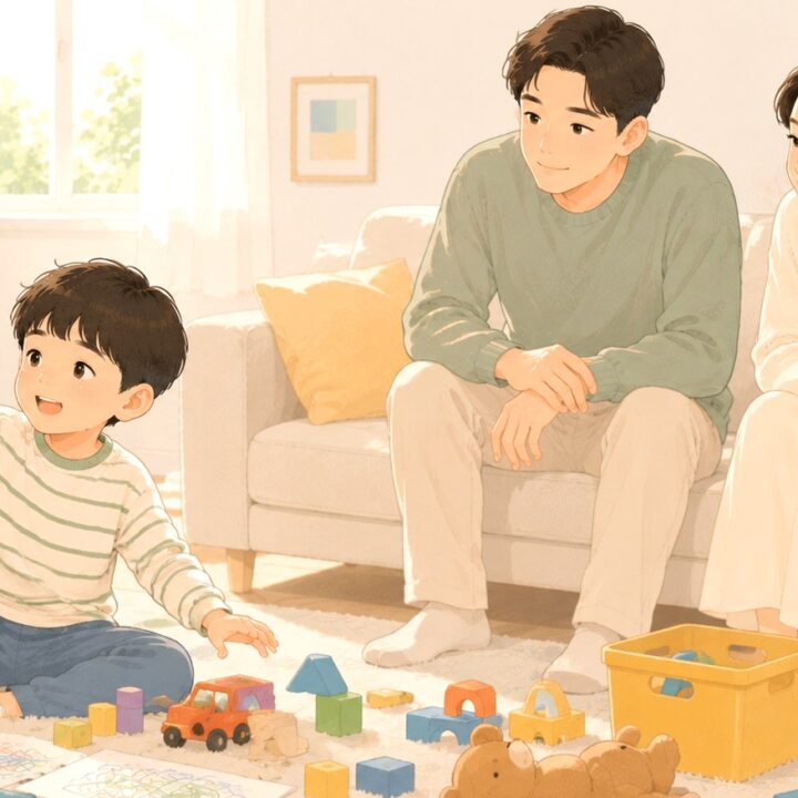동탄 소아 ADHD – 장난감 사이에서 산만하게 노는 아이와 지켜보는 부모