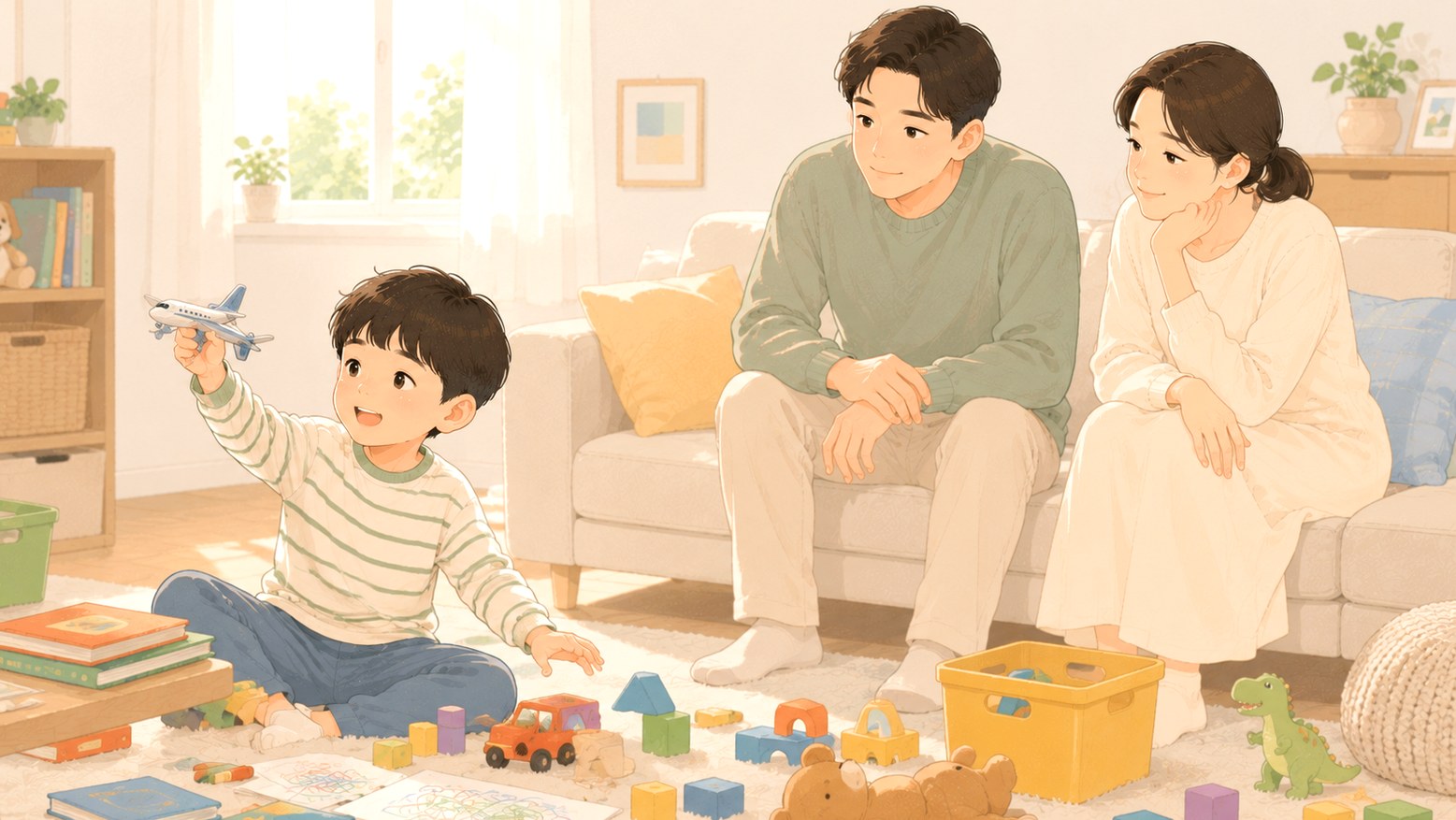 동탄 ADHD – 장난감 사이에서 산만하게 노는 아이와 지켜보는 부모