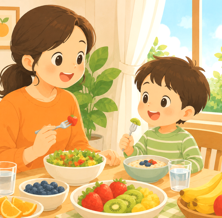 동탄 변비 – 엄마와 아이가 과일을 함께 먹는 모습