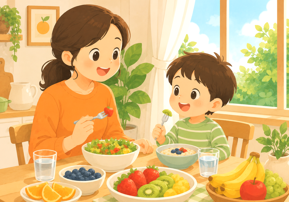 동탄 소아변비 – 엄마와 아이가 과일을 함께 먹는 모습
