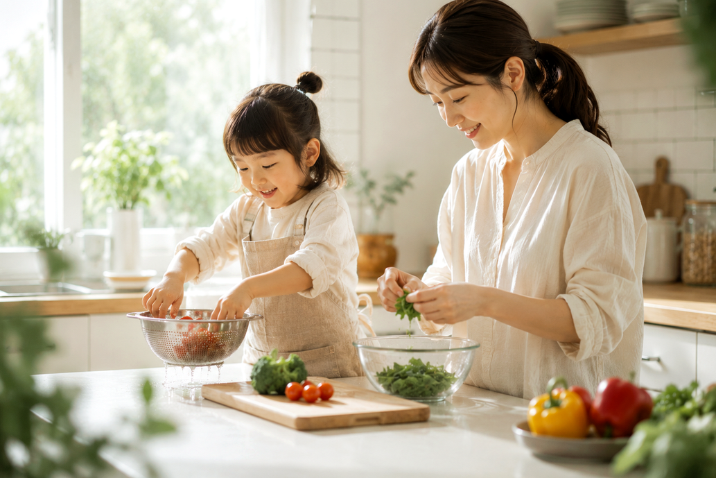동탄 식욕부진 – 아이가 엄마와 함께 주방에서 채소를 씻는 모습