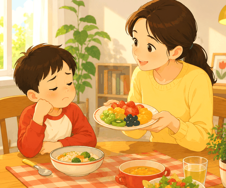 동탄 소아식욕부진 – 식탁에서 시큰둥한 아이에게 엄마가 과일 접시를 권하는 모습