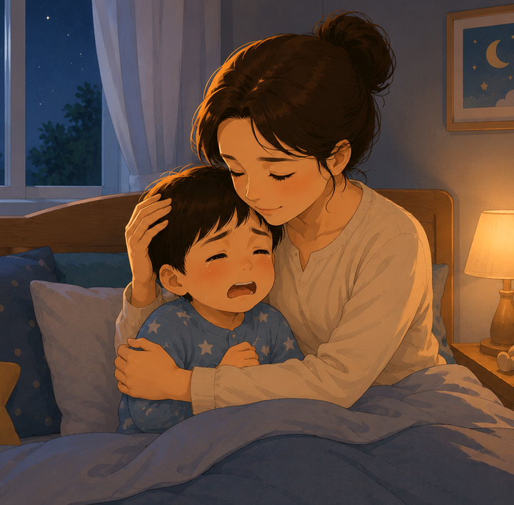 동탄 소아 야제증 – 밤에 우는 아이를 안아 달래는 엄마